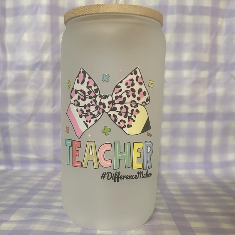 16 oz. Frosted glass teacher tumbler. Drinkware Water Bottles Cup Portable Washable Reusable