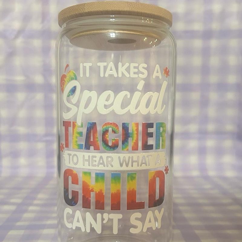 16 Oz Glass Teacher Tumbler with "Teaching Is a Work of Heart" Design and Pink Bow