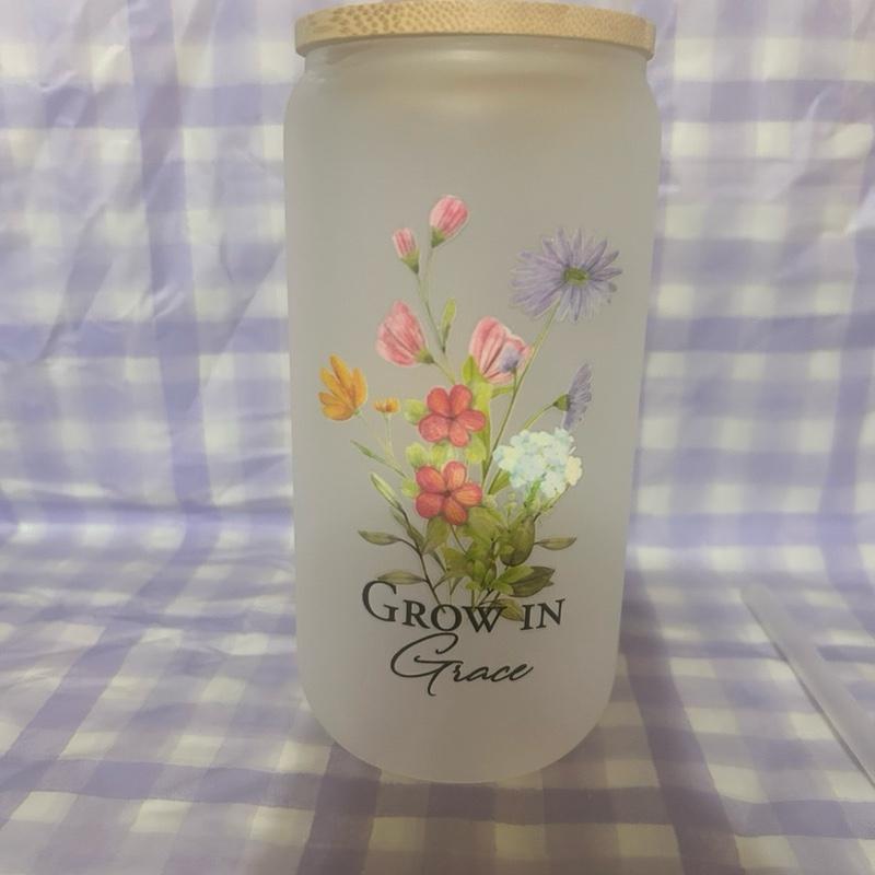 16 oz Frosted Glass Floral Tumbler. Drinkware Water Bottles Cup Washable Reusable