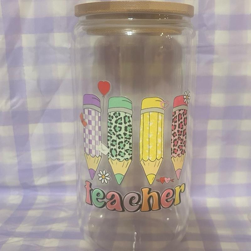 16 Oz Glass Teacher Tumbler with "Teaching Is a Work of Heart" Design and Pink Bow