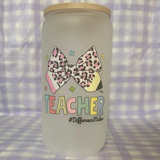 16 oz. Frosted glass teacher tumbler. Drinkware Water Bottles Cup Portable Washable Reusable