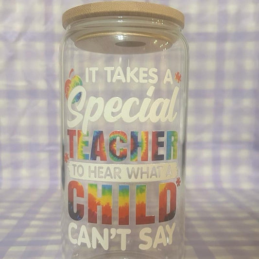 16 Oz Glass Teacher Tumbler with "Teaching Is a Work of Heart" Design and Pink Bow