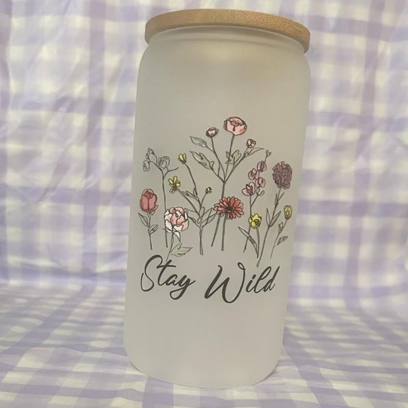 16 oz Frosted Glass Floral Tumbler. Drinkware Water Bottles Cup Washable Reusable