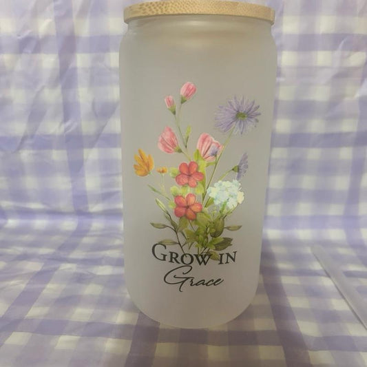 16 oz Frosted Glass Floral Tumbler. Drinkware Water Bottles Cup Washable Reusable