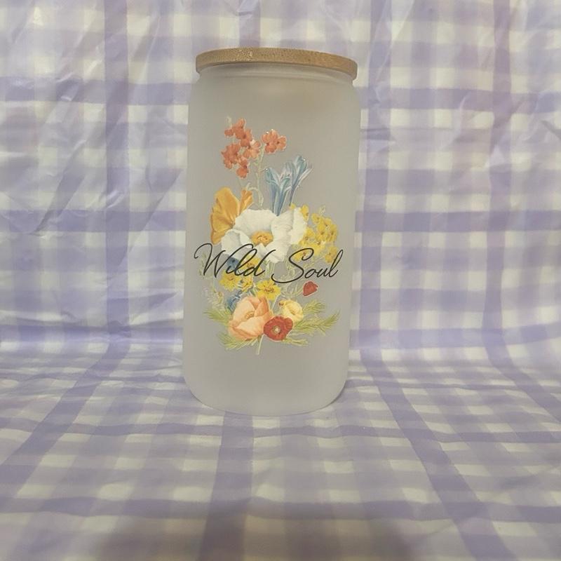 16 oz Frosted Glass Floral Tumbler. Drinkware Water Bottles Cup Washable Reusable