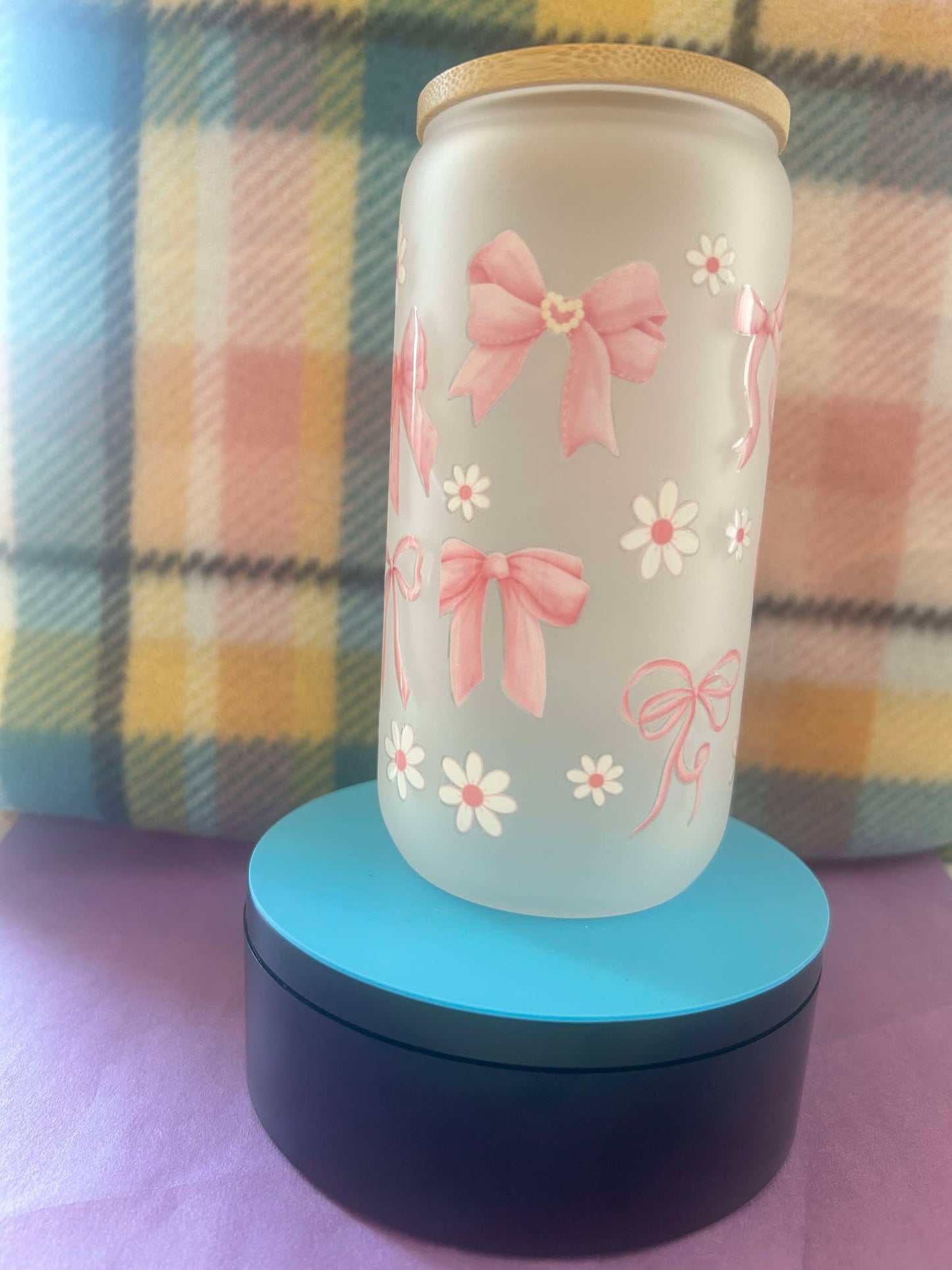 16 Oz. Frosted Glass Coquette Bow Can Tumbler.