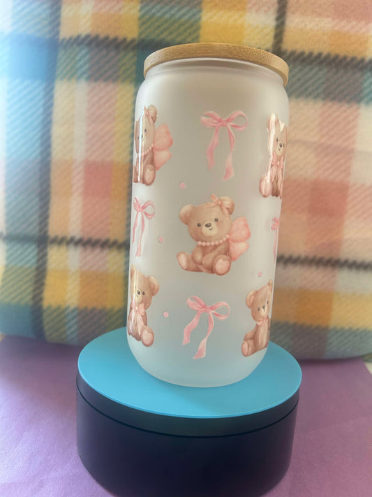 16 Oz. Frosted Glass Can tumbler ft. Adorable Bows and Teddy Bears