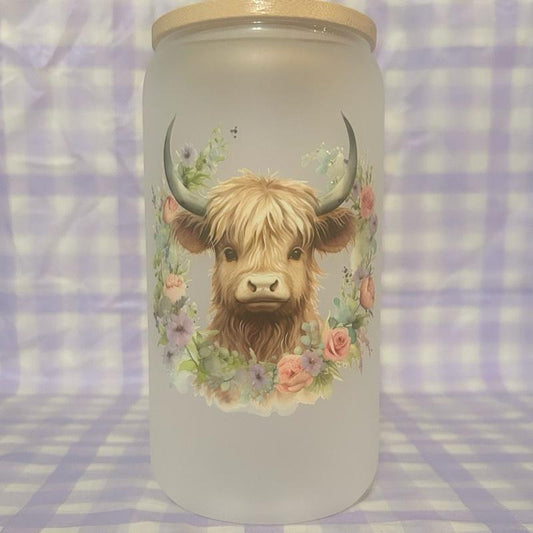 Highland Cow Frosted Glass Tumblers 16 oz. with Highland Cow Design and Floral Elements - Drinkware Stylish Reusable Washable Cup Beverage
