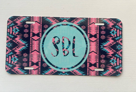 Blue/Pink Aztec personalized License plate (personalization requests added under special order request in cart))