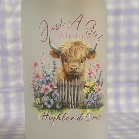 Highland Cow Frosted Glass Tumblers 16 oz. with Highland Cow Design and Floral Elements - Drinkware Stylish Reusable Washable Cup Beverage