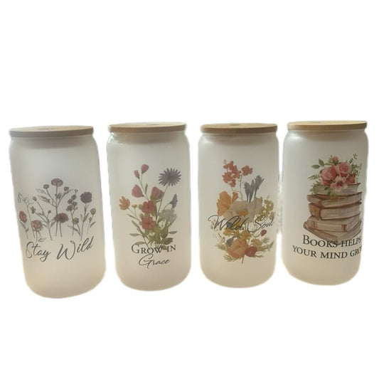 16 oz Frosted Glass Floral Tumbler. Drinkware Water Bottles Cup Washable Reusable