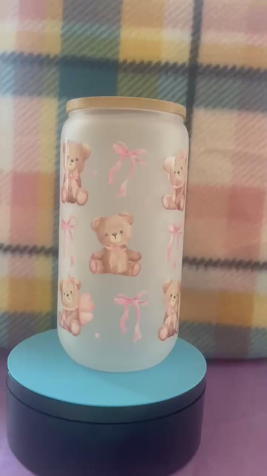 16 Oz. Frosted Glass Can tumbler ft. Adorable Bows and Teddy Bears